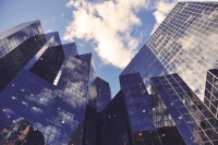 View of corporate offices at the bottom of office towers