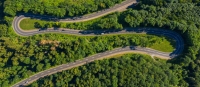 Winding road in the forest. Eifel, germany, Europe. Car passing on road. Drone Shot