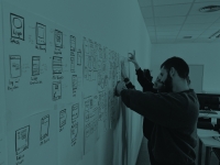 Team working on wireframes on wall poster