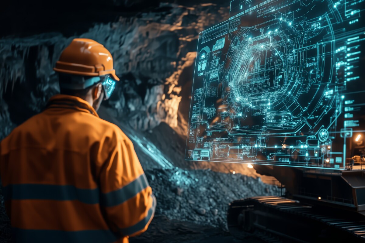 Mining the Future: A lone miner, clad in safety gear, stands before a massive holographic display, visualizing a complex network of data in a futuristic mining operation.